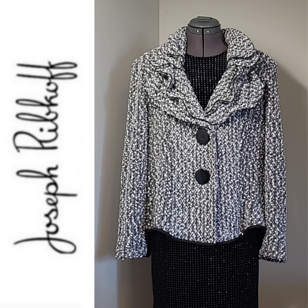 SZ16 Joseph Ribkoff Black White Ruffle Collar Blazer Jacket